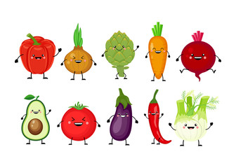 Funny cartoon set of different vegetables.Kawaii vegetables.  Sm