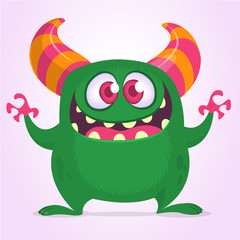 Funny cartoon monster waving hands excited. Vector green monster illustration. Halloween design