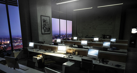 Bürokomplex - Großraumbüro mit mehreren Arbeitsplätzen am Abend - obrazy, fototapety, plakaty