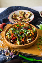 Ajapsandal vegetables stew in clay ketsi dish. Traditional Georgian food made cooked with different sorts of seasonal vegetables and greens (meat as option). Caucasus lunch with eggplant walnut pkhali