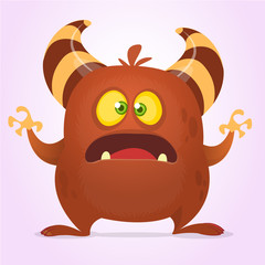 Agry scared cartoon monster with horns. Vector brown monster illustration. Halloween design