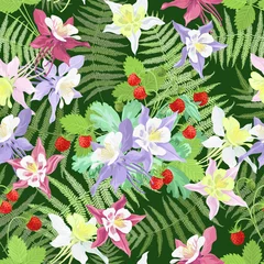 Tuinposter Seamless watercolor pattern with columbine flowers, fern leaves and srawberries on dark background. © Татьяна Любимова