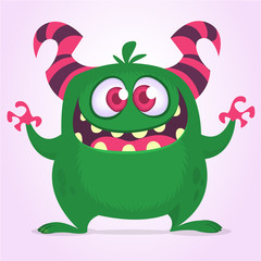 Fototapeta premium Happy excited cartoon monster. Vector green monster illustration. Halloween design