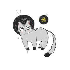 Funny cat in a spacesuit and a goldfish nearby. Isolated vector character. Can be used to printing on a t-shirt, postcards, etc.