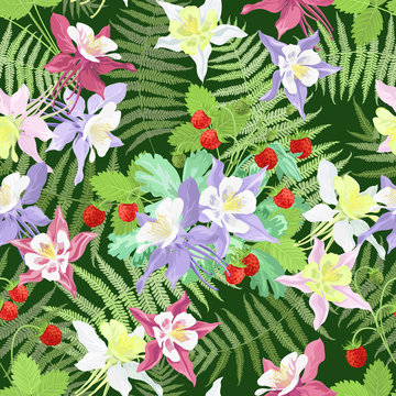 Seamless watercolor pattern with columbine flowers, fern leaves and srawberries on dark background.