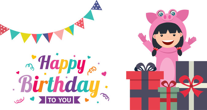 Birthday Card Banner With Kids In Pig Costume