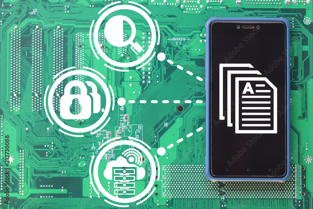 Poster smartphone on a green circuit board with file icon. file and mobile digital documents management and