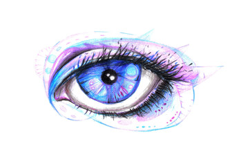 Beautiful eye drawn by hand. Handmade illustration with human eye. Color pencil work.