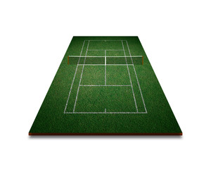 Tennis court, green grass with white line from top view.