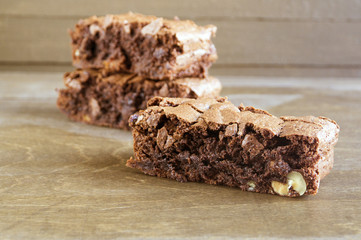 Brownie. Dark chocolate cakes, Baked from the oven, cut.