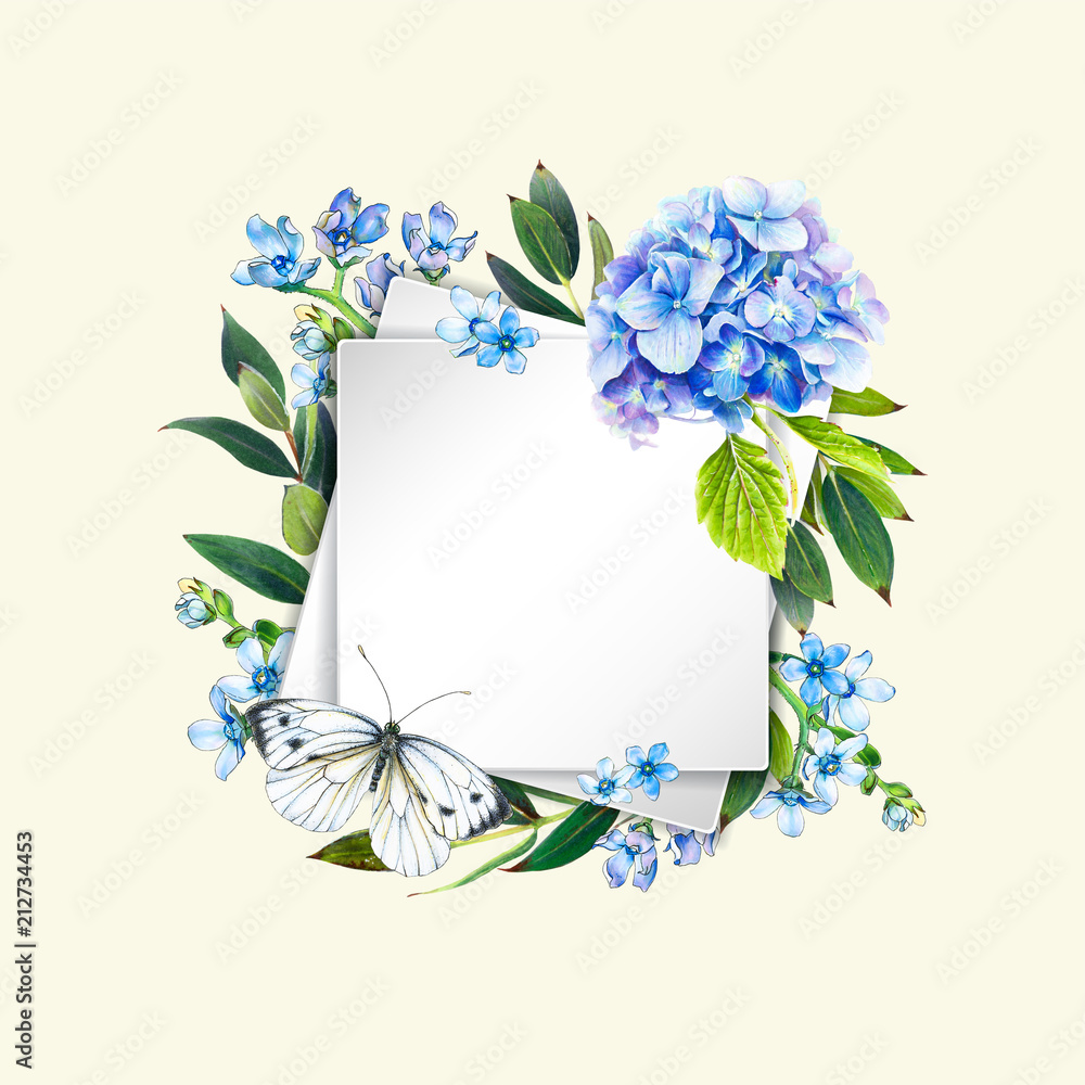 Canvas Prints Colorful floral background with beautiful flowers. Blue hydrangea, butterfly and leaves. Markers' art. Invitation or poster design, banner template for social media advertising or shares and sales. - Canvas Prints