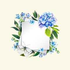 Colorful floral background with beautiful flowers. Blue hydrangea, butterfly and leaves. Markers' art. Invitation or poster design, banner template for social media advertising or shares and sales.