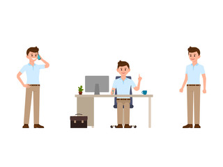 Man at work cartoon character. Vector illustration of talking on phone, sitting at the desk, standing office clerk