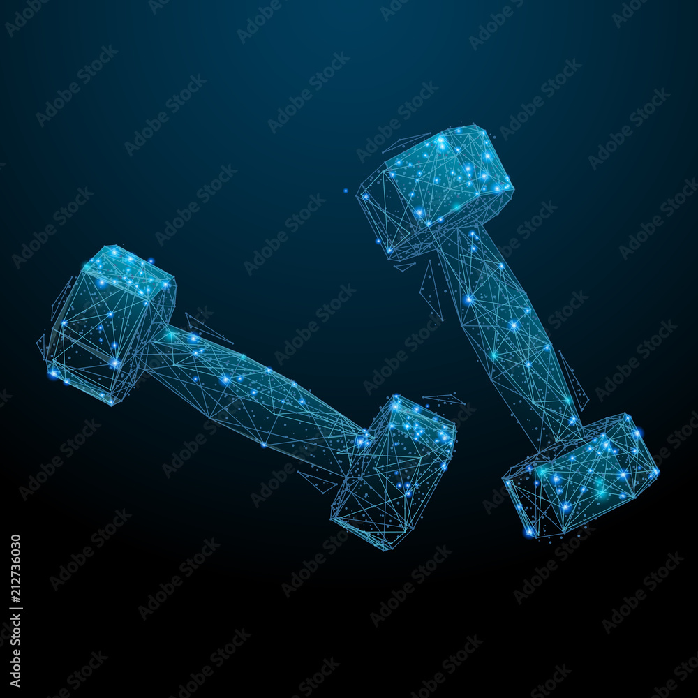 Poster Abstract image of dumbells in the form of a starry sky or space, consisting of points, lines, and shapes in the form of planets, stars and the universe. Sport and exercise vector wireframe concept
