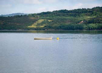 Fototapeta na wymiar Boat with yellow buoy in a lake