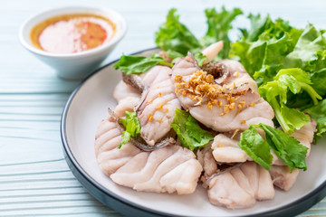 Boiled fish dip with sauce