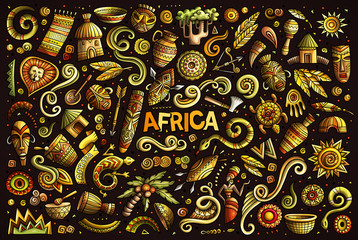 Fototapeta premium Vector doodle cartoon set of Africa objects