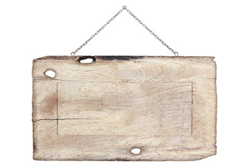 blank wooden sign hanging on a chain isolated on white