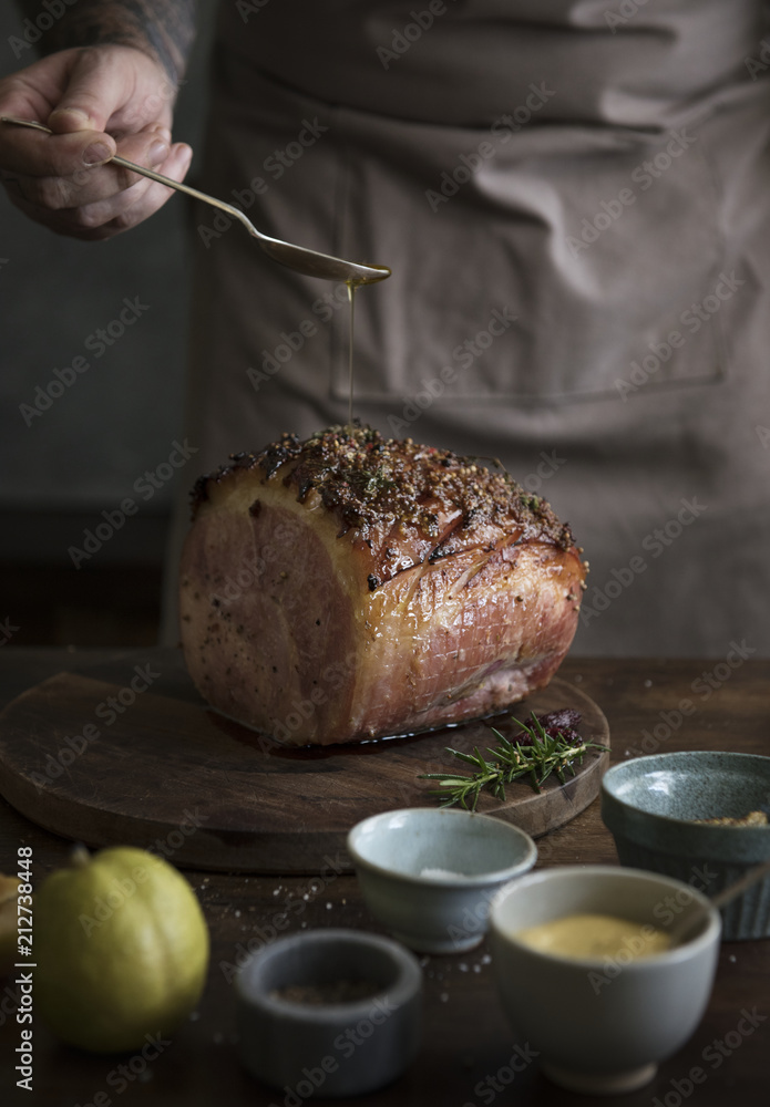 Wall mural Baked ham food photography recipe idea