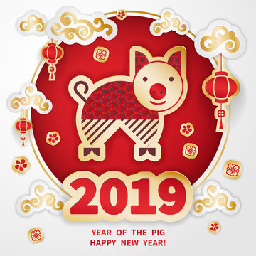 Pig is a symbol of the 2019 Chinese New Year. Greeting card in Oriental style. Round frame, floral elements, lanterns and Golden zodiac sign Pig on red background. Paper cut art 