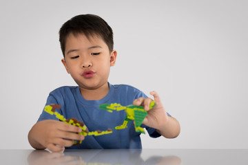 Portrait of cute asian boy playing with colorful plastic toy bricks at the table