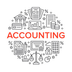 Financial accounting circle poster with flat line icons. Bookkeeping brochure concept, tax optimization, loan, payroll, real estate crediting. Accountancy, finance thin linear signs for legal services