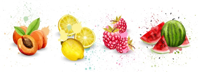 Fotobehang Aquarel vruchten instellen Vector. Abrikoos, citroen, framboos, watermeloen heerlijke illustraties © castecodesign