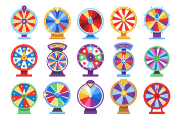Fortune wheels flat icons set. Spin lucky wheel casino money game symbols - obrazy, fototapety, plakaty