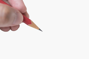 closeup hand holding pencil on white background. mockup template