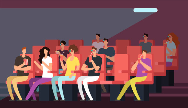 People watching movie in cinema hall interior. Cartoon family in theater vector concept