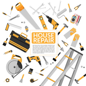 yellow house repair tools and construction working equipment isolated on white background with copy space. vector illustration, flat design