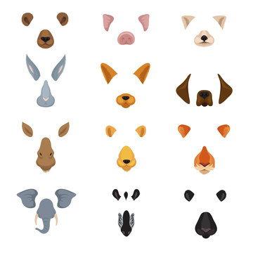 Funny animal faces for phone video chart app. Cartoon animals ears and noses vector set