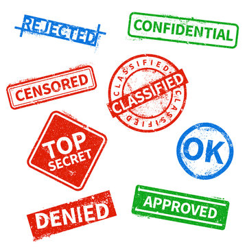 Top secret, rejected, approved, classified business rubber stamps, office cachet with distressed texture isolated on white background
