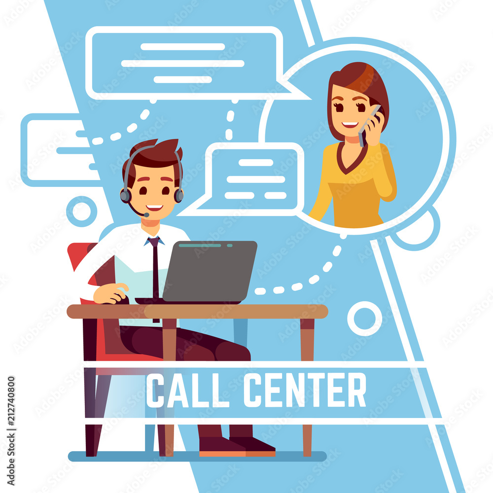 Poster operator man talking with happy smiling client on phone. supporter in headset consulting customer. c