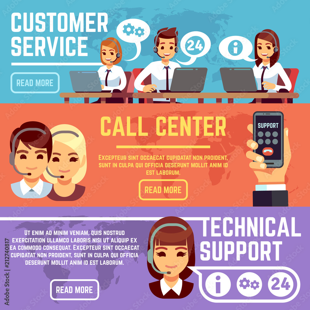 Poster customer service banners with call center support operators helping customer. vector set