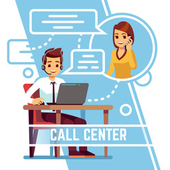 Operator man talking with happy smiling client on phone. Supporter in headset consulting customer. Cartoon vector illustration