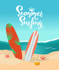 Summer surfing hand drawn inspirational text. Sunny day on the beach, surfboard, holiday, waves on the sea, crab, seastar, coconut drink. Vector cartoon illustration.