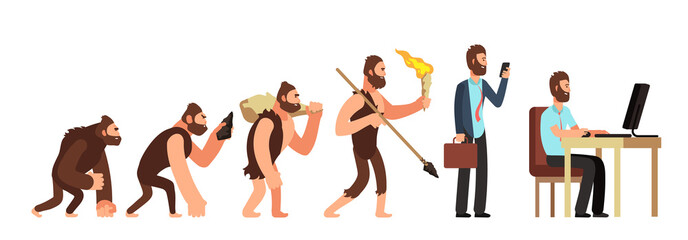 Human evolution. From monkey to businessman and computer user. Cartoon vector characters - obrazy, fototapety, plakaty