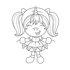 Cute baby unicorn with paper garland, coloring page for girls. Vector.