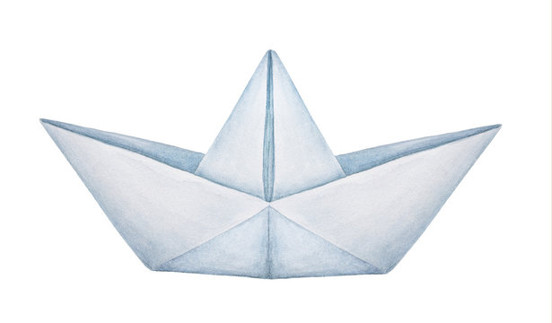 Watercolour illustration of classic folded paper boat. One single object, side view. Symbol of childhood, dreams, travel, freedom. Handdrawn water color painting on white background, cut out clip art.