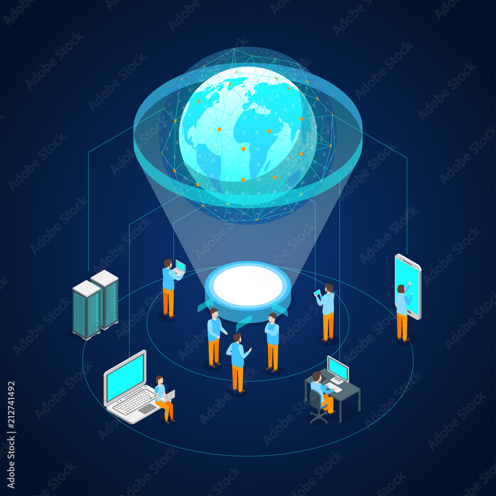 Poster global communication internet network concept 3d isometric view. vector
