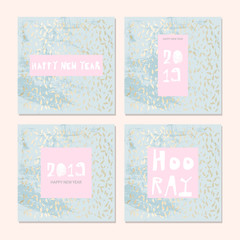 Trendy Chic Pastel colored backgrounds with Gold Foil geometric shapes. Abstract unusual textures for wallpaper, wedding invitation cards, business cards, fashion headers, decoration elements. Vector