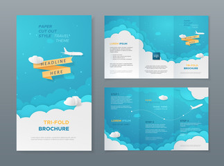 Vector travel tri-fold brochure with 3d scene with paper cut objects (airplane, clouds and ribbon). Template in paper style for design of flyers, booklets, leaflets. Carving art with blue background.