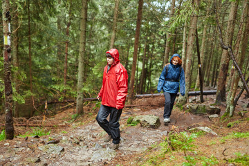 Women in raincoats on a trail