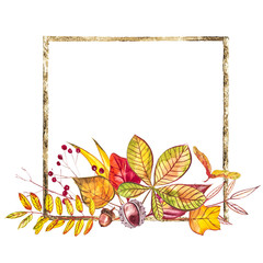 Autumn composition. Illustrations made of autumn berries and leaves on white background. Watercolor illustrations.