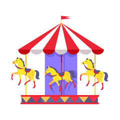 Merry-Go-Round with Funny Horses and Striped Roof