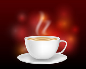premium white ceramic coffee cup on bokeh background.cappuccino in white ceramic cup.realistic 3d vector design.