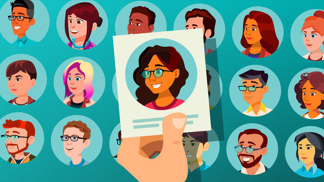 Human Recruitment Vector. Woman. Human Recruitment. Selected Group Of People. Pick From The Crowd. Cartoon Illustration