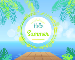 Fototapeta na wymiar Hello Summer Promotional Poster with Green Palms