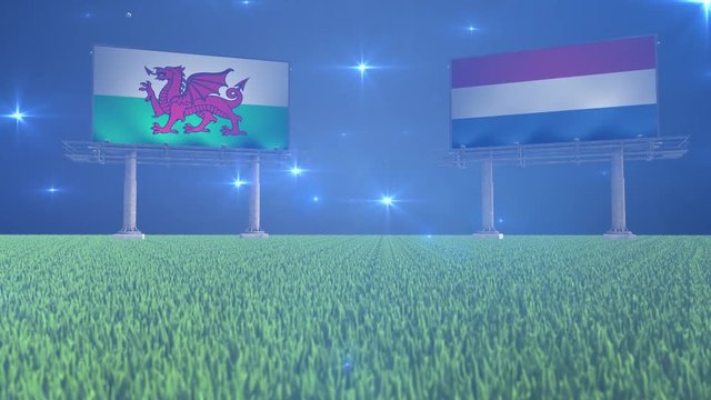 3d animated soccer ball bouncing in front of billboards with the flags of Wales and Netherlands  with flickering lights in the background in 4K resolution